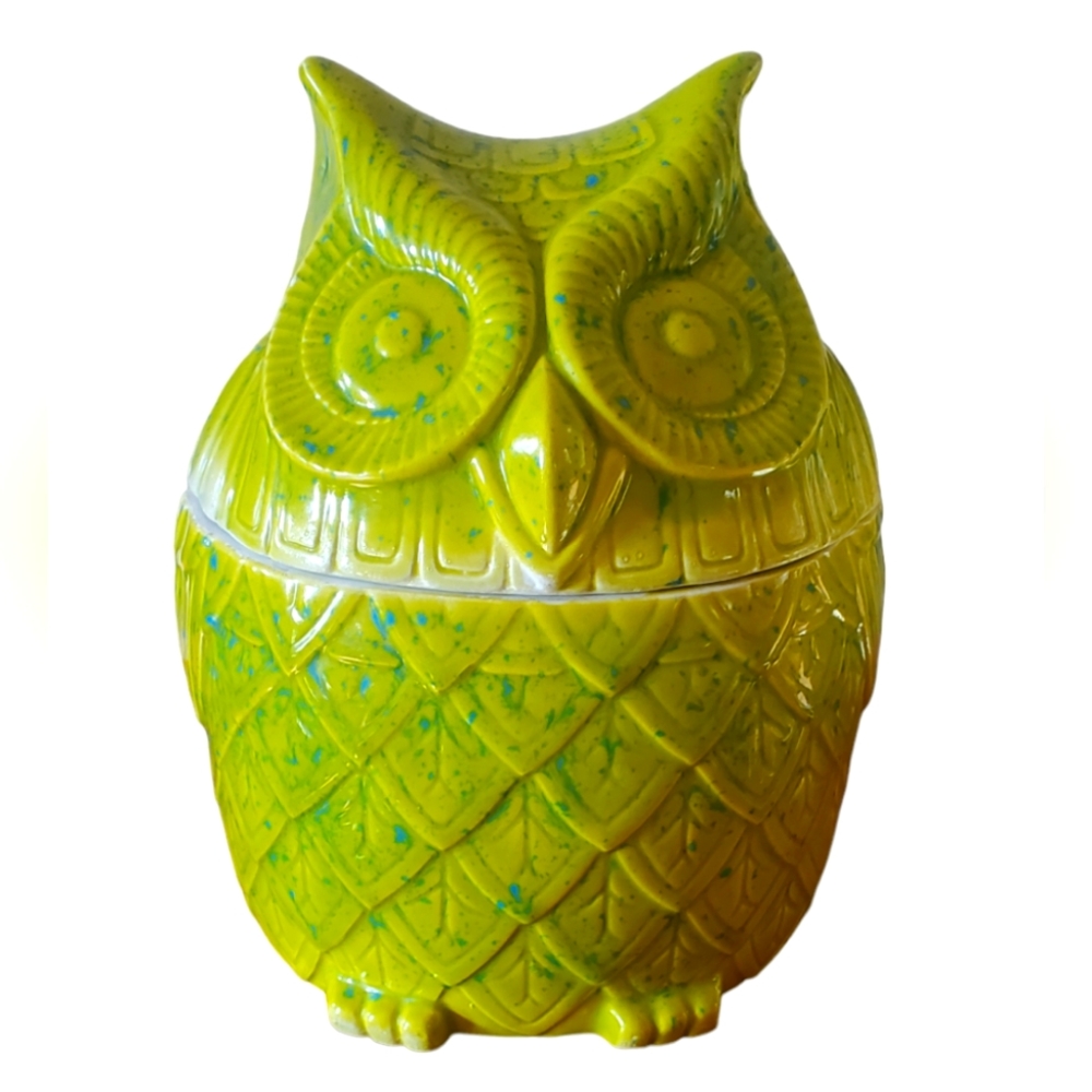 SALE❤️ Vintage Lime Green OWL COOKIE JAR 60s Ceramic 8 1/4"